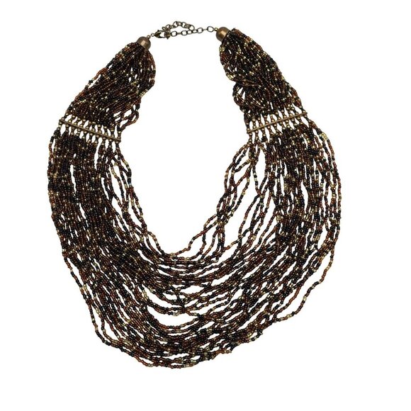 Multi Strand Brown Black Glass Seed Beaded Bib Necklace With Adjustable Chain - Picture 2 of 4